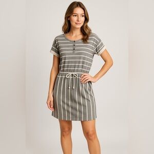 Makia Gray White Stripe Drawstring Dress Nautical Mini Sz M EUC